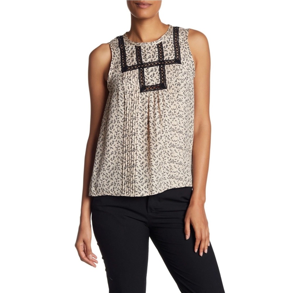 Rebecca Taylor Silk Tank Top‎ 10 Cream Black Leaf Print Lace Trim Excellent